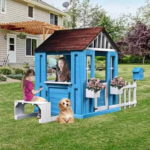 Outdoor Wooden Kids Playhouse With Picnic Bench And Flowerpot Holders
