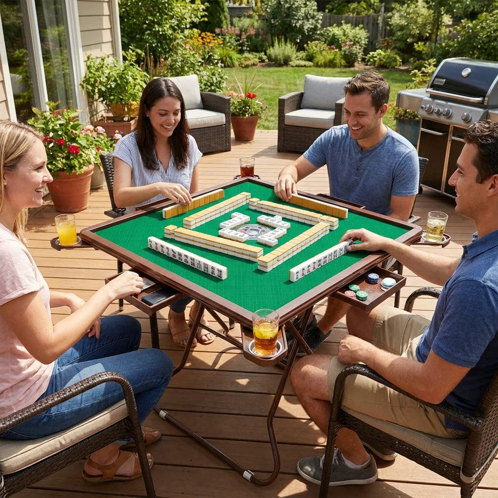 Foldable Mahjong Table For Four With Cup Holders And Drawers
