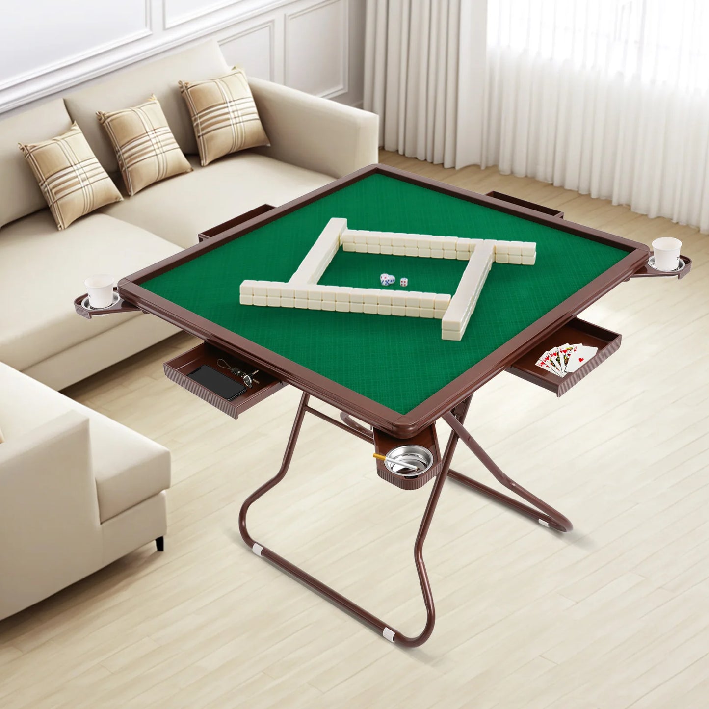 Foldable Mahjong Table For Four With Cup Holders And Drawers