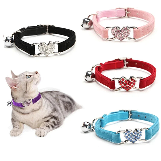 Heart Charm Cat Collar With Bell Elastic Adjustable Velvet Material