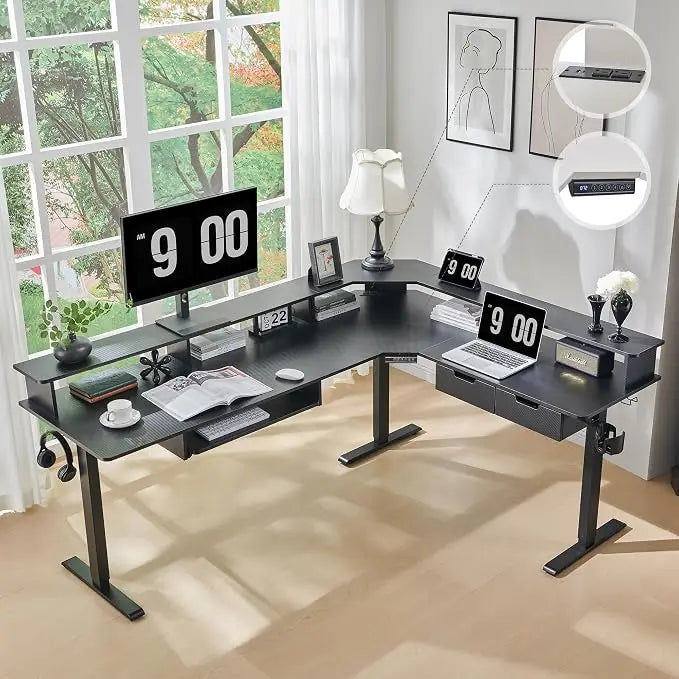 L Shaped Electric Standing Desk Height Adjustable With Drawers And Keyboard Tray