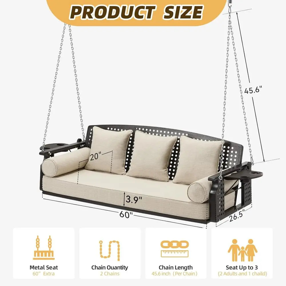 3 Seat Hanging Porch Swing With Cup Holders And Cushions