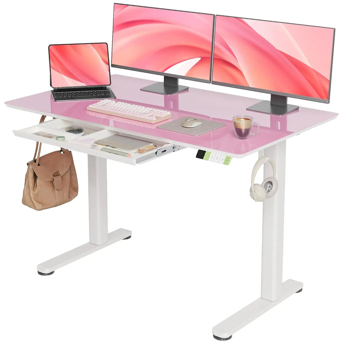 White Glass Standing Desk With Drawers Adjustable Sit Stand