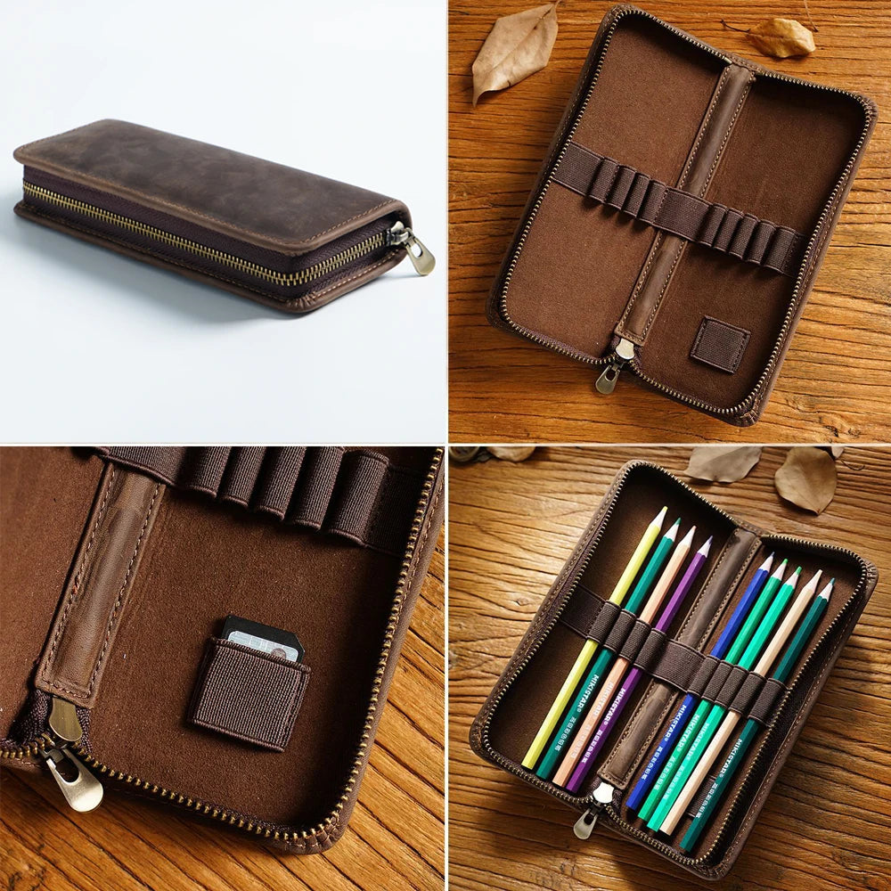 Genuine Leather Multi Functional Pencil Case With Pen Holder Zipper