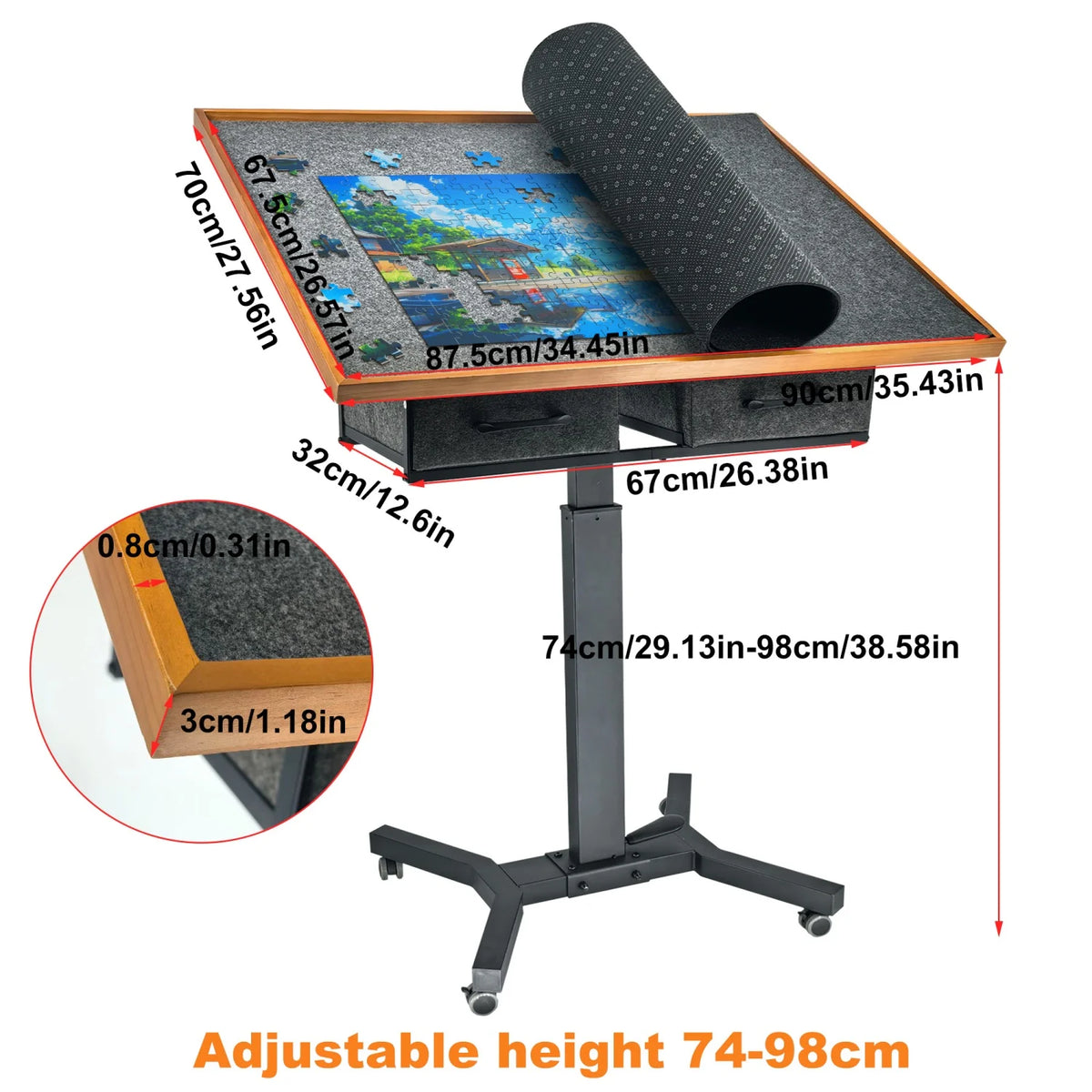 Jigsaw Puzzle Table With Adjustable Tilt, Wheels, Storage Drawers